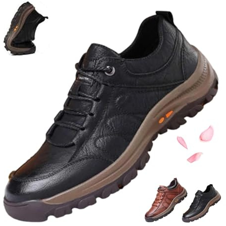 Mocasines casuales de cuero para hombre, hechos a mano, antideslizantes, con soporte de arco, zapatos cómodos para el trabajo, senderismo, zapatos deportivos para hombre, Black, 43 EU
