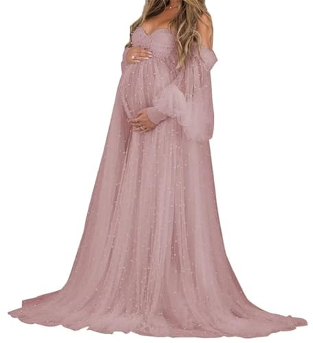 AHERKLL Långärmad pärla tyll rock moderskapsklänning för fotografering off-shoulder underkläder baby shower graviditetsklänning AH062, Dammig ros, 54 stor