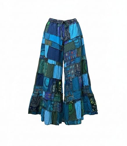 Ezhippie Women’s Boho Patchwork Flowy Cotton Wide Leg Palazzo Pants Elastic Waist Drawstring Hippie Festival Outfit