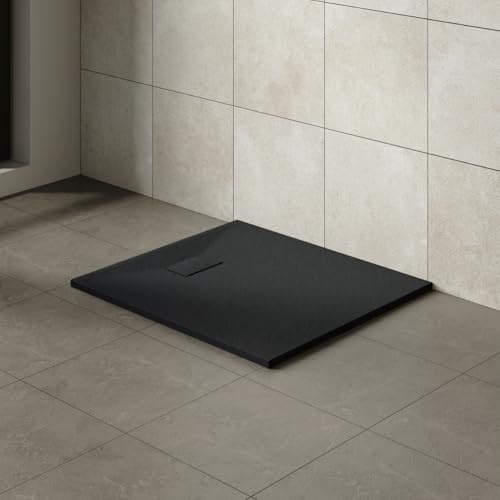 Aquariss Bathroom Rectangular 1100 x 900 mm Slate Effect Shower Tray Black | Slimline Anti Slip, SMC Wetroom Shower Cubicle Base, for Walk In Shower Door, Durable, Low Profile