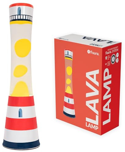 Fisura - Lámpara de lava efecto faro. Lámpara decorativa relajante. Diseño original para hogar u oficina. Regalo original. Base estampada y lava amarilla. Bombilla de repuesto.11 x 11 x 39,5 cm.