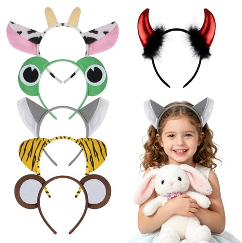 AYBUY 6 Pcs Multicolour Animal Ear Headbands, Cute & Fun Cartoon Animal Themed Headbands for Kids & Adults, Perfect for Parties, Halloween, Carnival & Gifting, Style B