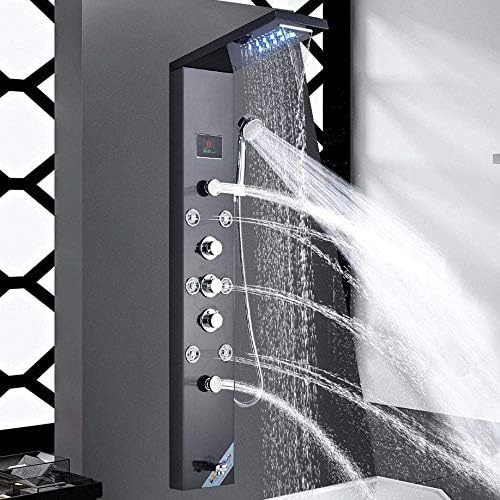 Pannello doccia a LED in acciaio inox con indicatore di temperatura e 8 getti massaggianti, colore: (nero)