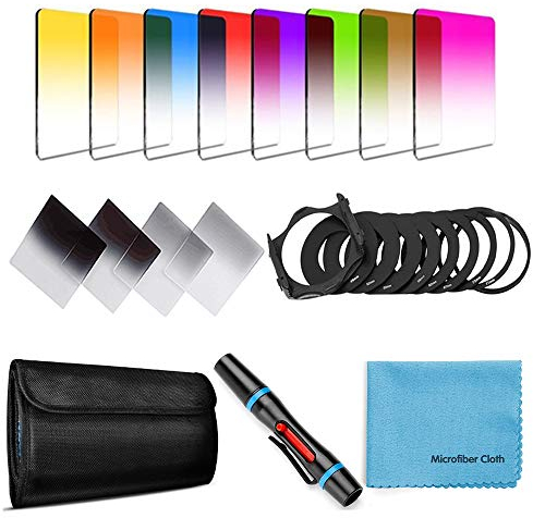 Fotover Square Filterset 14 Stück Verlaufsfilter ND GrauFilter Farbfilter Set für Cokin P Serie mit Adapter Ringe(49-82mm)Filterhalterung Objektivreinigungsstift und Weiteres Zubehör für DSLR-Kameras