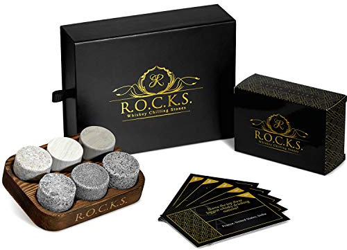 The Original ROCKS Whiskey Chilling Stones & Whiskey Trivia Quiz Gift Set - 6 Handcrafted Premium Granite Round Sipping Rocks - 100 Quiz Q&A for Whiskey Lovers - Fun Fact Stories & More, Great Gift!
