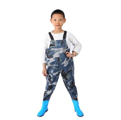 QTDZ Leichte Strapazierfähige PVC Kinder Anglerhose, Outdoor Wathose Stiefel Zum Angeln und Jagen für Kinder wasserdichte Jugend Waders mit Verstellbarer Schultergurt,Blau,23 EU
