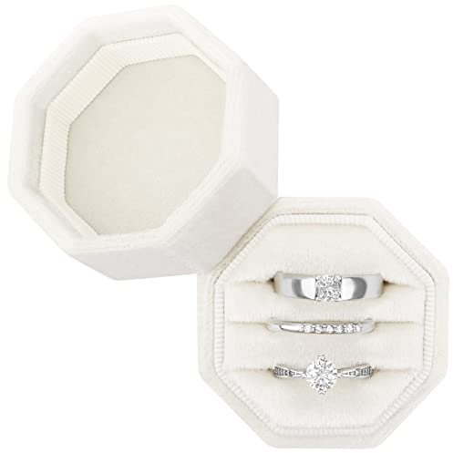 DesignSter Octagon 3 Slot Velvet Ring Box - Premium Wedding & Engagement Ring Bearer Box (Beige)