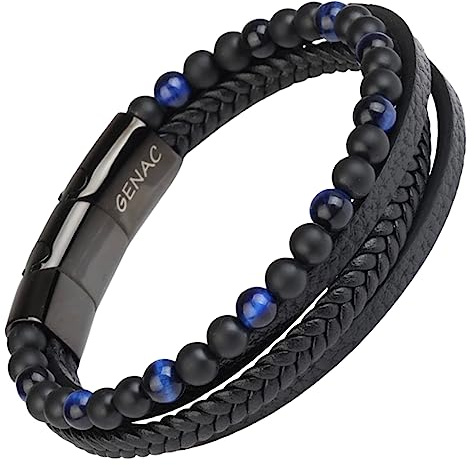 genac Bracciale da uomo con perle di pietre naturali 6mm e vera pelle multi tessuta di alta qualità con chiusura magnetica rimovibile in acciaio inossidabile per reg (Blu)