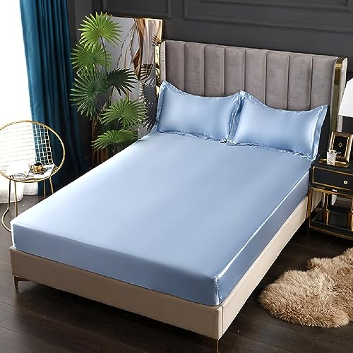 SASIGAYA Blaue Satin Spannbettlaken 180x200cm Hellblau Seide Glänzend Einfarbig Microfaser Spannbetttuch Hochwertiges Deluxe Unifarben Satin Bettlaken für Boxspringbett Topper Matratzen bis 25cm