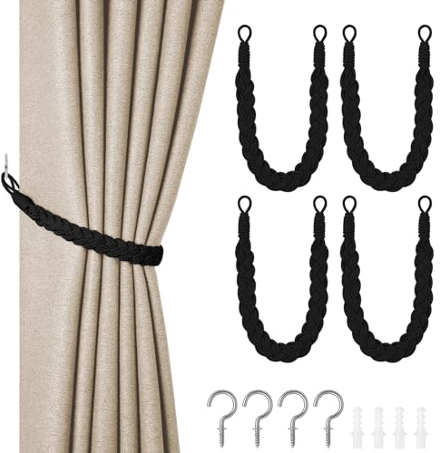 HOTUT Vorhang Raffhalter, 4 Stück Curtain Rope Buckle, Handgestrickte Vorhang-Raffhalter, Vorhangbinder, Gardinen Raffhalter für Haus Office, Wohnzimmer, Schlafzimmer-Schwarz