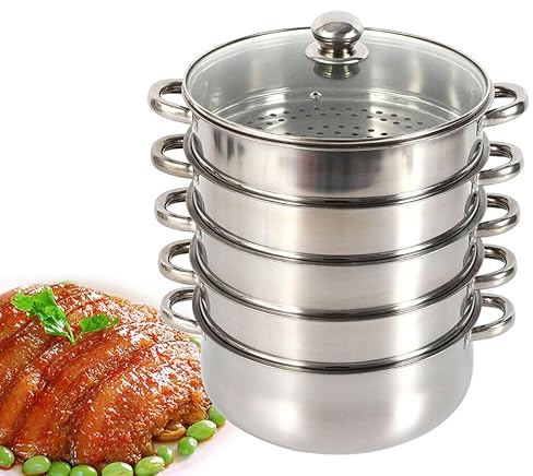 Xuthusman 26cm 5 Tier Stainless Steel Food Steamer Meat Vegetable Steamer Pot Steam Cookware with Glass Lid
