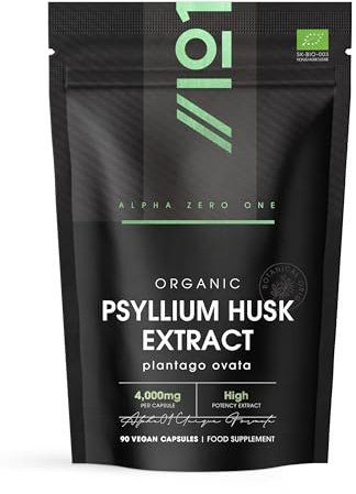 Organic Fibre Supplement 4000mg Psyllium Husk - Natural Prebiotic Fibre Supplement from Raw Plantago Ovata Seeds - 90 Vegan Capsules - Resealable and Recyclable Pouch by Alpha01