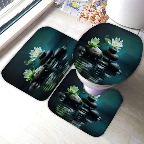 LOLEIA 3 Teilig Badematten Set Stein Flauschige Mikrofaser Wohnzimmer Badezimmerteppich Zen rutschfeste Waschbar Badteppich U FöRmiger Konturteppich Toilettendeckel 40x60