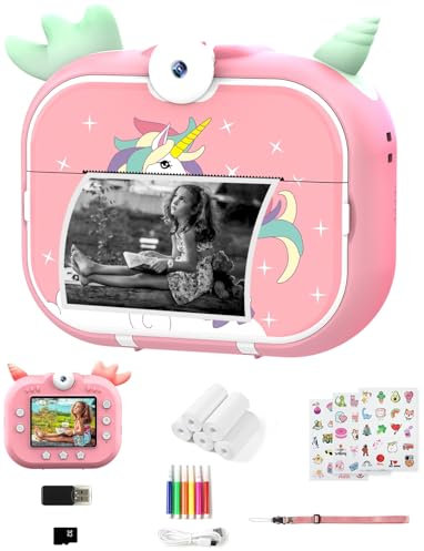 Robofun Camara Fotos Infantil, 48MP 1080P Cámara Instantánea para Niños con 5 Rollos de Papel para Impresión, 32 GB Tarjeta SD y Bolígrafos de Colores, Regalos para Niños de 3 a 14 Años (Rosa)