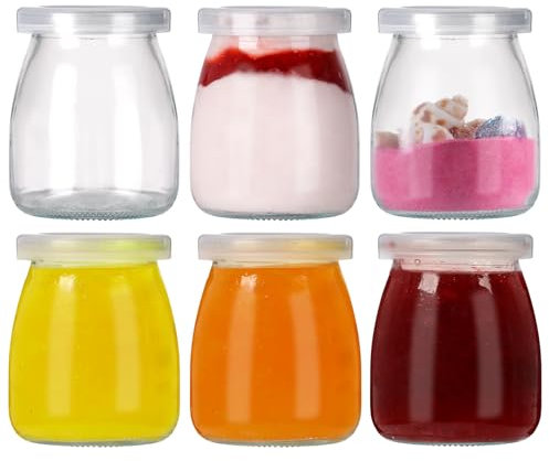 TOEKSIX 6Pack 200ml/6.7oz Mini Glass Yogurt Jars with PE Lids Milk Bottles Small Glass Favor Jars Yogurt Pudding Storage Jars for Party Favors