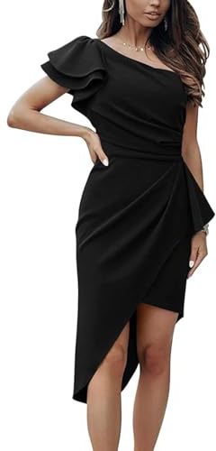 RPAEOY Vestido Mujer Acanalada Volantes un Hombro sin Mangas Elegante Vestidos Boho Fiesta Cóctel Novia Boda Ceremonia Dress (L)