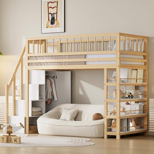 NQSLDM Hochbett 90x200 cm mit Treppe und Stauraum, Etagenbett Kinderbett mit Kleiderschrank und Regalen, Bettgestell mit Lattenrost, Bett für Kinder und Jugendliche, Ohne Matratze, Holzfarbe