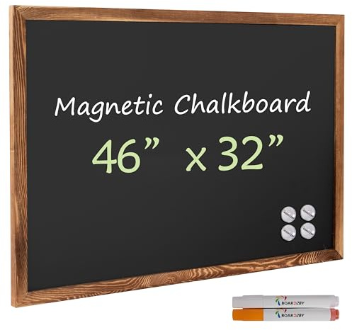 Board2by Magnetic Chalkboard Black Board 46 x 32, Extra Large Chalk Board Blackboard for Wall Decor, Easy-to-Erase Wood Framed Magnet Board, 4 Magnets for School, Home & Office (Rustic Brown)