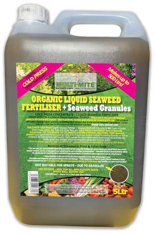 Multi-Mite 5 Ltr Liquid Seaweed + Granules -100% Natural & Organic Concentrate Cold Pressed Plant & Soil Fertiliser, Trees Lawn Veg & House Plants Root or Foliar Feeding (5 LITRES WITH GRANULES)