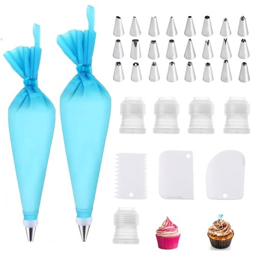 2pcs Silicone Piping Bags with 24 Stainless Steel Nozzles, 3 Spatulas and 5 Converters for Cake, Pastry and Cupcake Decorating, Reusable Icing Piping Kit