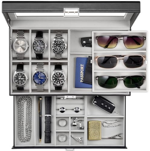 ProCase Scatola Gioielli da Uomo, Cassa da Orologio Chiusura 6 Slot & 3 Slot Occhiali da Sole Organizzatore, 2 Strati Gioielli da Uomo Organizzatore Scatola da Orologio per Uomini -Nero