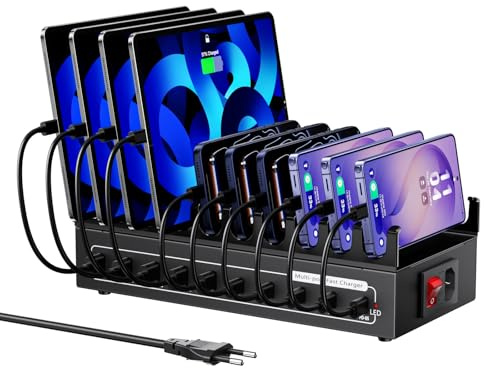 Cargador USB C múltiple, estación de Carga USB para múltiples Dispositivos, Potencia Total 200W 10 Ports【5USBA y 5USBC】, Compatible con iPhone 11/12/13/14/15/16/XS/XR/8/teléfonos móviles/tabletas