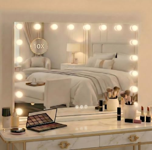 Puranex Sminkspegel med belysning 80 x 60 cm, sminkspegel med 18 lysdioder för makeup, Hollywood-spegel, vanity Mirror Touch-kontroll, 3 ljusfärger, USB, inkl. 10 x förstoringsspegel för kvinnor