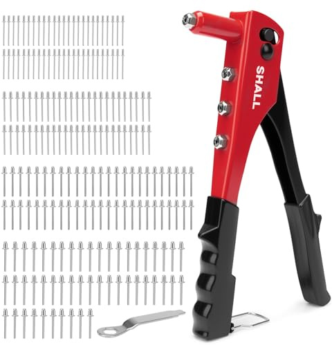 SHALL Set di rivettatrici 4 in 1, rivettatrice manuale per impieghi gravosi con 200 rivetti, 4 misure (2,4 mm, 3,2 mm, 4,0 mm, 4,8 mm), per automotive, pelle, plastica, mobili, metallo