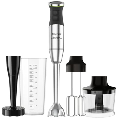 Taurus – Batidora de Mano Bapi 1500 Luxe XL,1500W, 20 Velocidades + Turbo, Cuchillas Acero Doble Efecto, Antisalpicaduras, Soft Touch, Vaso Medidor 900ml, Picador 350ml, Doble Emulsionador, Pasapurés