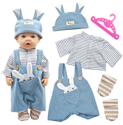 Lot de 5 vêtements de poupée pour poupées de 35 à 45 cm, tenues pour poupées de bébé avec chapeau, t-shirt, salopette, pantalon, chaussettes et cintres comme accessoires de poupée, cadeau pour garçons