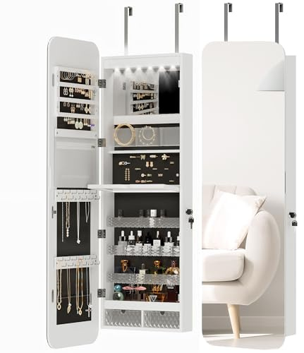 HOMCOM Armadietto Portagioie con Specchio Interno e Luci LED, Alto 120cm Specchio Portagioie Salvaspazio da Parete o Porta con Cassetti, Serratura e Chiave, Ripiano Ribaltabile, Tasca con Zip