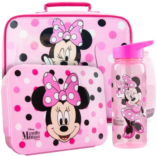Get Trend Disney Minnie Mouse Sac Isotherme Repas Enfant Set, 3 Pcs Bento Lunch Box, Lunch Bag Isotherme et Gourde Air Up, Fermeture Eclair, Porte Bouteille et Poignée, Cadeau Fille (Rose Minnie)