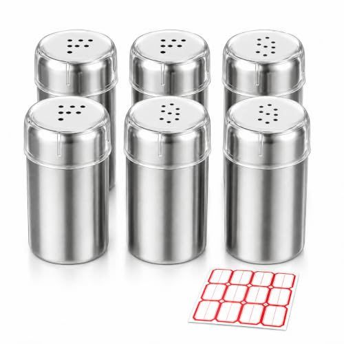 6 stycken minisalt och pepparströare 5 ml med lock, rostfritt stål kryddströare, 3 x P & 3 x S hållock med etiketter, liten saltströare för camping, lunchlåda, BBQ, resor, utomhus och kök