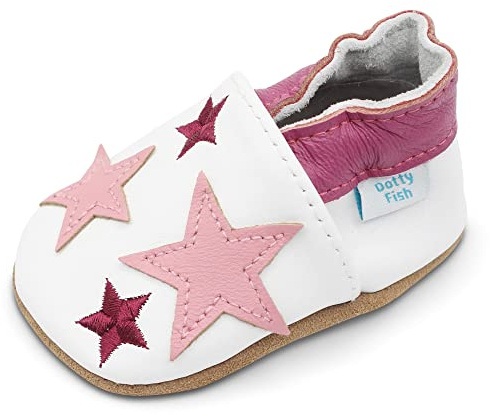 Dotty Fish Scarpe in Pelle Morbide per Bambini e Toddler – Piedi Nudi, Antiscivolo, Leggere e Flessibili, Caviglie Elastiche – Unisex Bambini e Bambine – Bianco con Stelle Rosa 12-18 Mesi