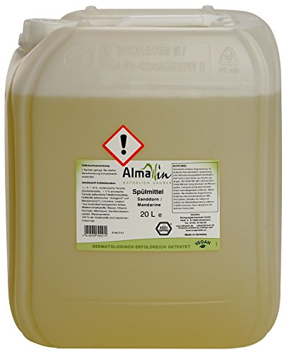 AlmaWin® Spülmittel Öko [20L] mit Sanddorn & Mandarine-Duft - Kraftvolles Geschirrspülmittel flüssig mit hoher Fettlösekraft - Vegan Dish Soap - Ergiebiges Konzentrat im Nachfüllkanister