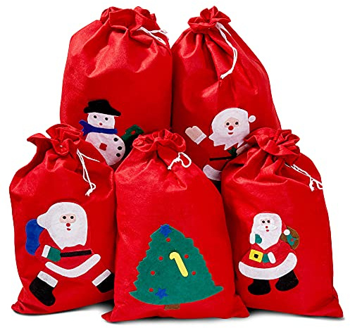 THE TWIDDLERS 5 Sacos de Navidad Papá Noel, Sacos Rojos Santa, Bolsas Regalo Navideñas, 60cm| Fieltro Premium, Ecológico, Resistente| Envoltorio de Regalo Práctico y Fácil para Niños