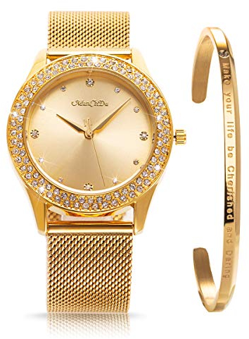 ManChDa Damen Armbanduhr Kristall Mesh Edelstahl Gürtel Damen Quarz Diamant Klassische Mode Romantische + Schmuck Manschette Armband Set Gold