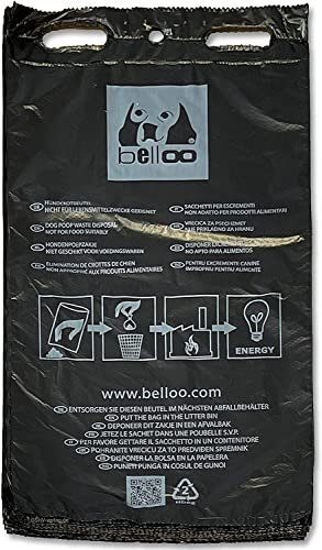 50 Hundekotbeutel BELLOO® aus Recyclingmaterial PELD/HD schwarz mit Aufdruck, auch Gassibeutel Hundebeutel oder Kotbeutel genannt, Made in Germany