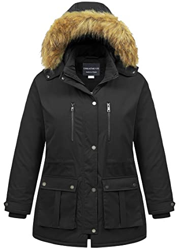 CREATMO US Women's Winter Plus Size Thickened Winter Coats Puffer Jacket Cotton Coat with Detachable Hood Black 3X