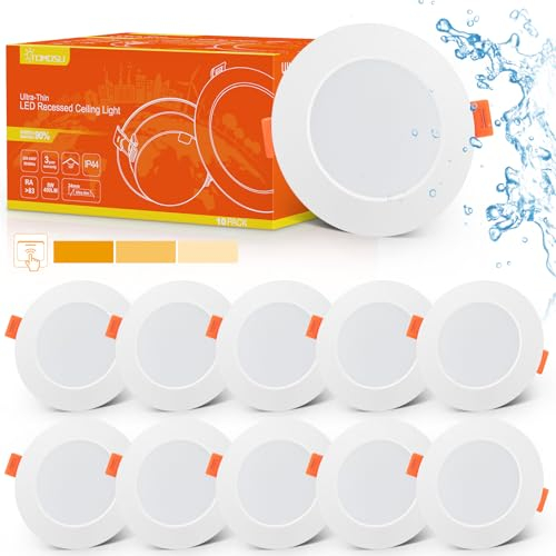 Tomosu LED Einbaustrahler 230V Dimmbar 3 Stufen, 5W 450LM 2700K-3000K Warmweiß LED Spot 98mm, EinbauØ 75-85mm, Einbautiefe 24mm, IP44 Deckenspots Flach für Badezimmer Wohnzimmer Korridor, 10er Set