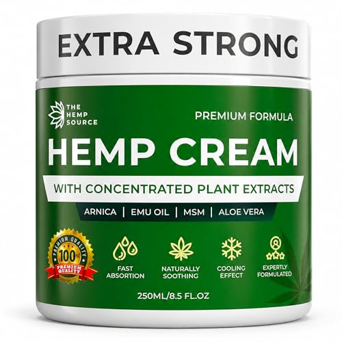 Extra Strong Hemp Cream 250ml | Ideal for Back, Knees, Feet, Hands & Joints | High Strength Formula with Hemp Seed Oil, Arnica & Aloe Vera