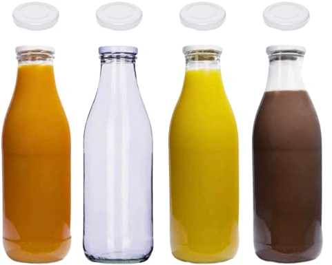 mikken 4 botellas de cristal de 1000 ml para zumo de leche con 8 tapas, color blanco, incluye etiquetas