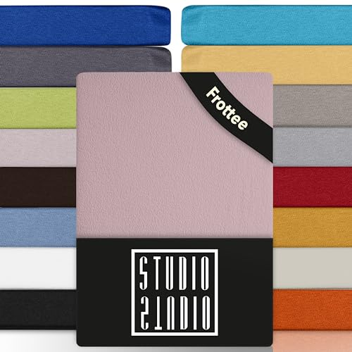 STUDIO Basic Frottee Spannbettlaken 120x200cm – weiches Frottee-Spannbetttuch aus 80 % Baumwolle & 20 % Polyester – Puder – Öko-Tex Zertifiziert, bügelfrei & elastisch – für Matratzen 15–25cm
