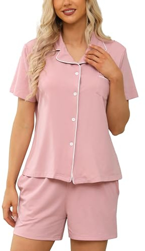 Lovasy Pigiama Donna Cotone Estivo con Bottoni Davanti Pigiami Set Corta Scollo a V e Maniche Corte 2 Pezzi Pigiama da Casa Leggero T-Shirt A Rosa M