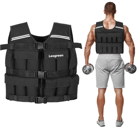 Leogreen Gewichtsweste 10kg/20kg, Verstellbare Trainingsweste mit 20 Herausnehmbare Gewichtspackungen, Reflektierenden Streifen, Weight Vest Damen & Herren für Laufen, Krafttraining (Schwarz, 10kg)