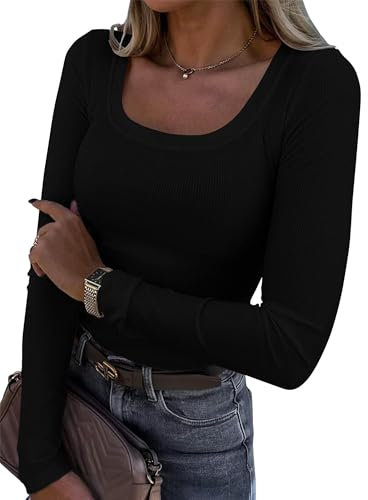 Langarmshirt Damen Longsleeve Eng Tshirt Oberteile Longshirt Essential Shirt Elegant Y2K U-Ausschnitt Figurbetont Gerippter Strick Top