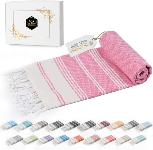 Sandrella Hamamtuch Sauna Damen & Herren groß 100x200 Baumwolle Strandtuch Decke Pestemal Geschenkset | rosa