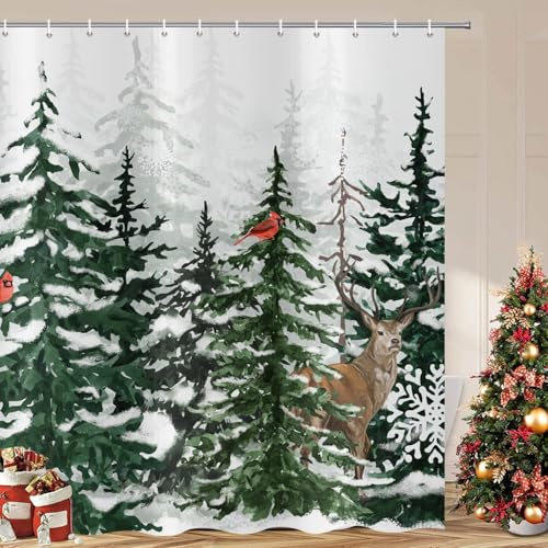 ASDCXZ Cortina de Ducha navideña 180x200 cm, Escena de Nieve Natural Árbol de Navidad Verde Alce Salvaje Ciervo Lavable baño Poliéster Textil Cortinas de Ducha Impermeables para bañera con 12 Ganchos