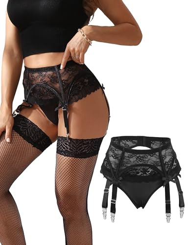 Ohmydear Medias de Ligas Mujer con Encaje, Guapi con Tirantes Transparentes, Calzas Autorregulables Sexys, Guapiera con 4 Correas Elásticas, Lencería Seductora para Mujer con Hebilla, Lencería Curvy