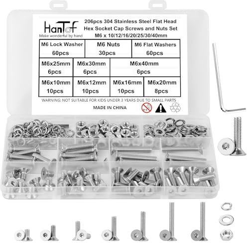 206 Pcs Metric M6 Flat Head Hex Socket Cap Screws Assortment Kit, M6x 10/12/16/20/25/30/40mm Internal Hex Drive Allen Bolts Nuts and Washers Set, 304 Stainless Steel, Fully Threaded, Pitch: 1.0mm
